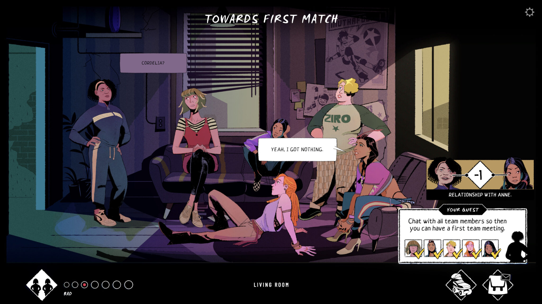 Screenshot of the team in ROLLER DRAMA sitting in their living room. From left to right: Joann, Portia, Lily, Anne, Juliet, Cordelia