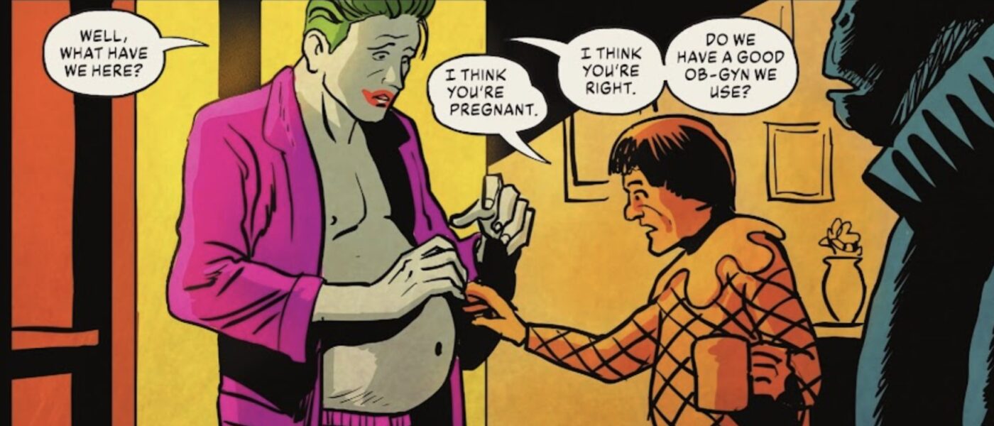 Panel from Joker: The Man Who Stopped Laughing where the Joker talks about being pregnant with other villains