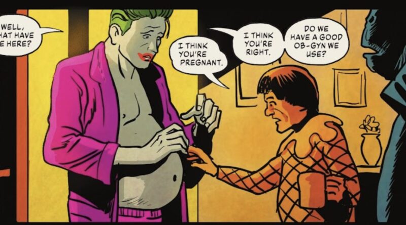 Panel from Joker: The Man Who Stopped Laughing where the Joker talks about being pregnant with other villains