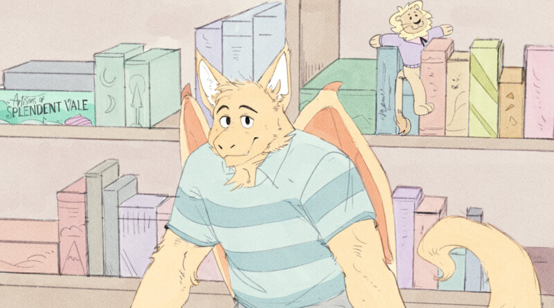 Pride at Play illustration of a dragon working at a ttrpg store