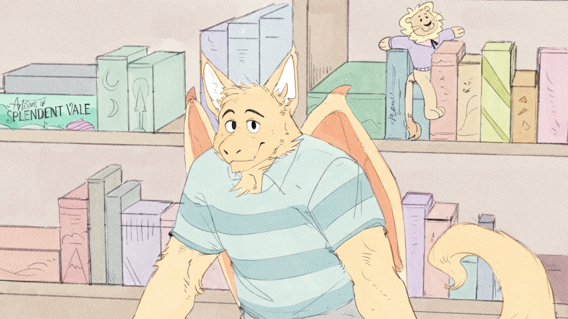 Pride at Play illustration of a dragon working at a ttrpg store
