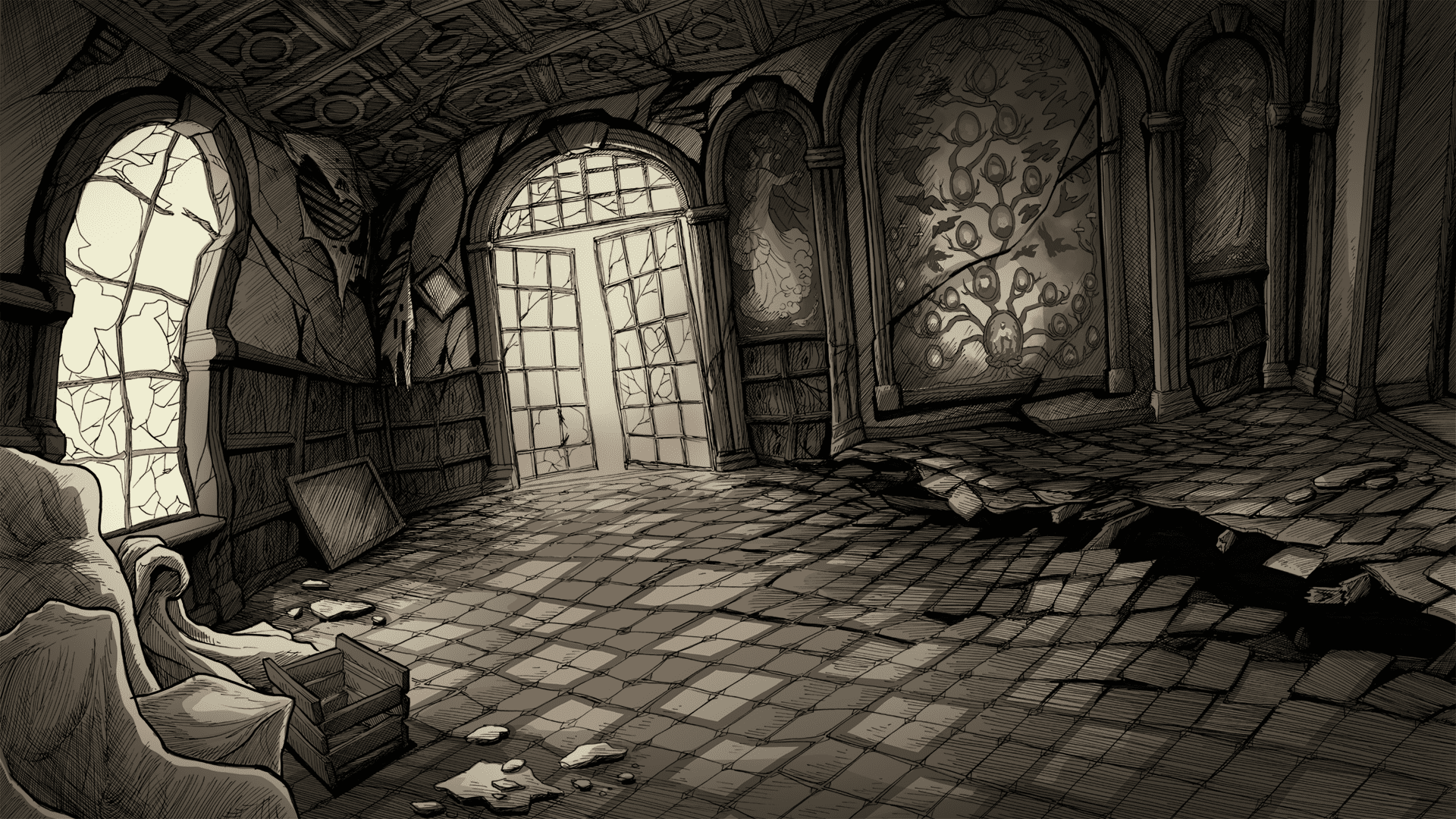 Screenshot of a ruined room in the Scarlet mansion in Scarlet Hollow
