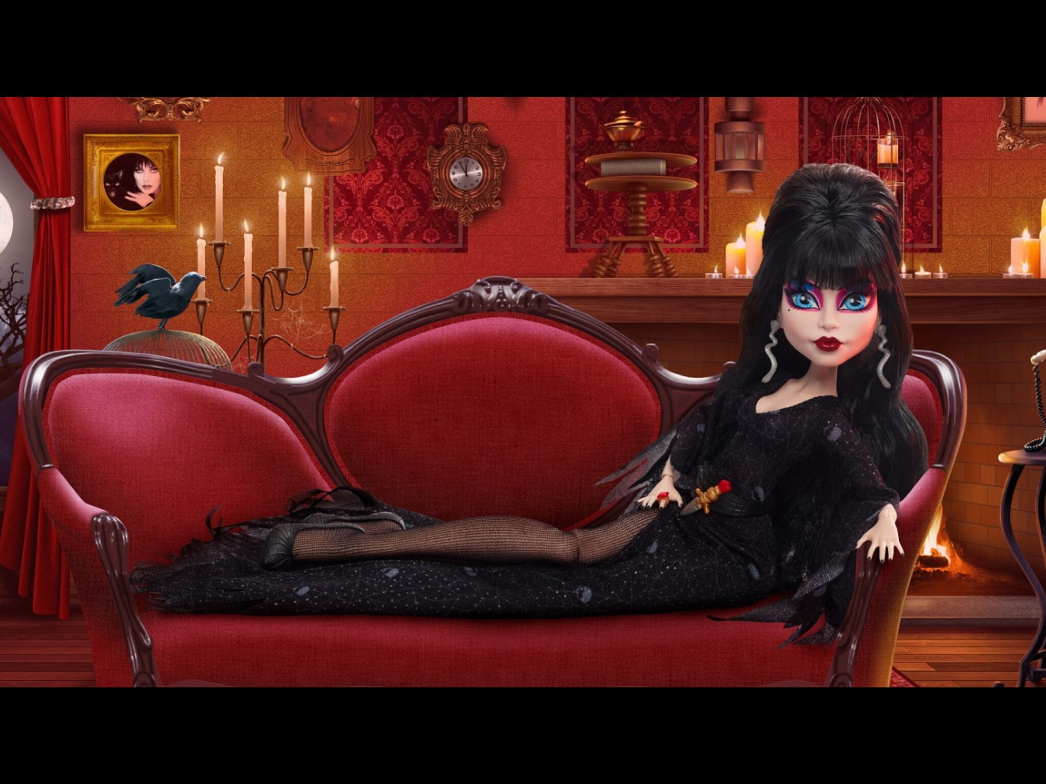 Elvira Monster High Skullector doll lying on a fainting couch