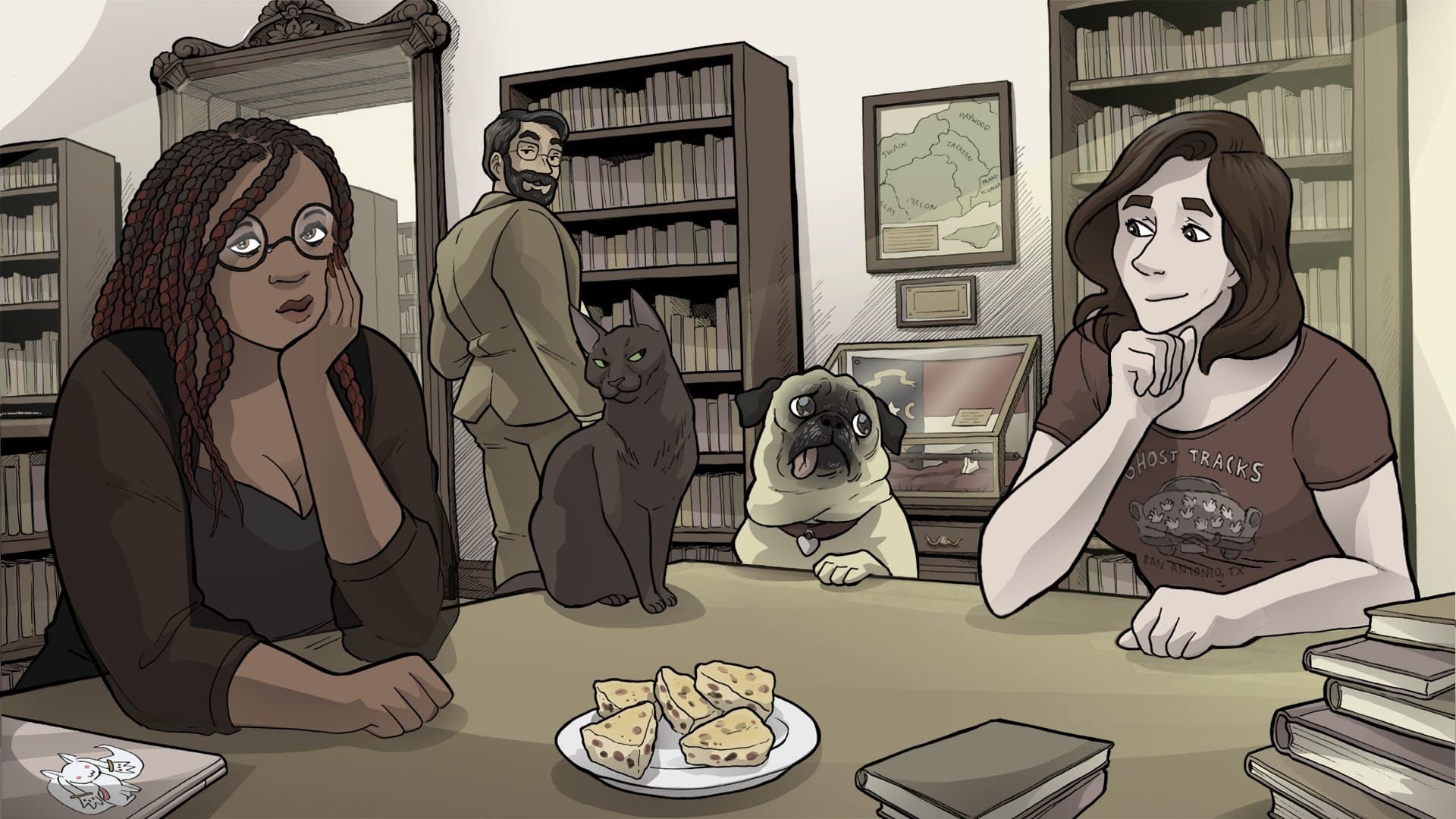 Screenshot of Kaneeka (left), Gretchen the pug (middle) and Stella (right) sitting at a table in the library