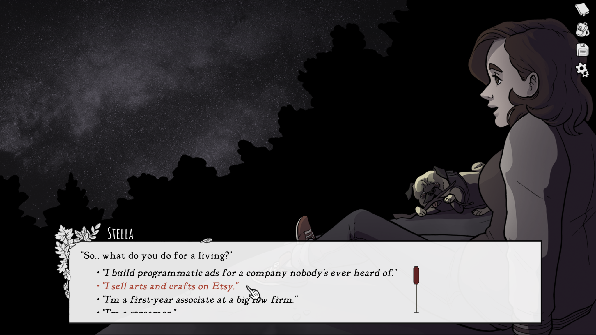 Scarlet Hollow screenshot of the player character having a quiet moment with Stella
