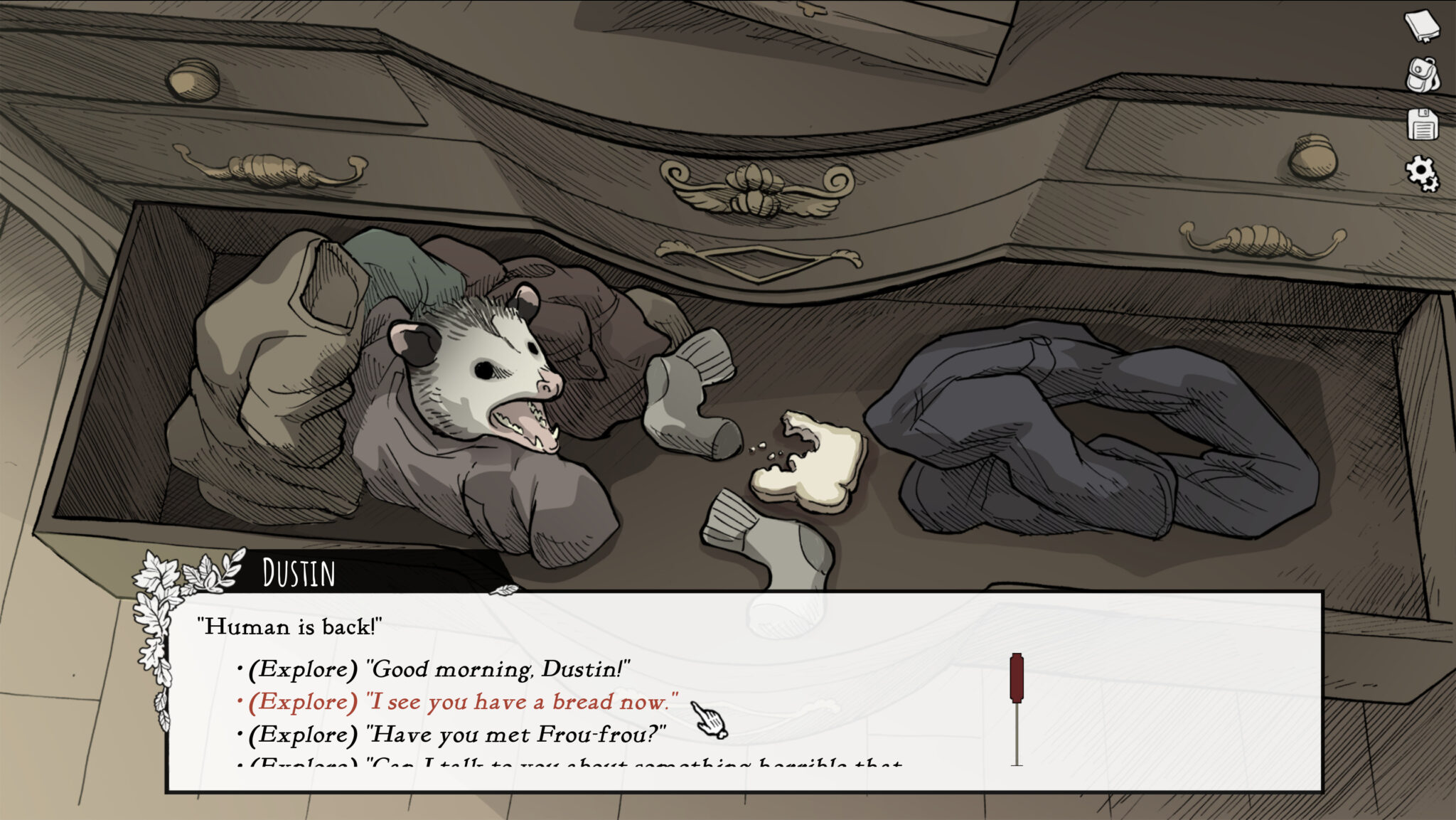 Scarlet Hollow screenshot of Dustin the possum talking to the player character from inside a dresser drawer