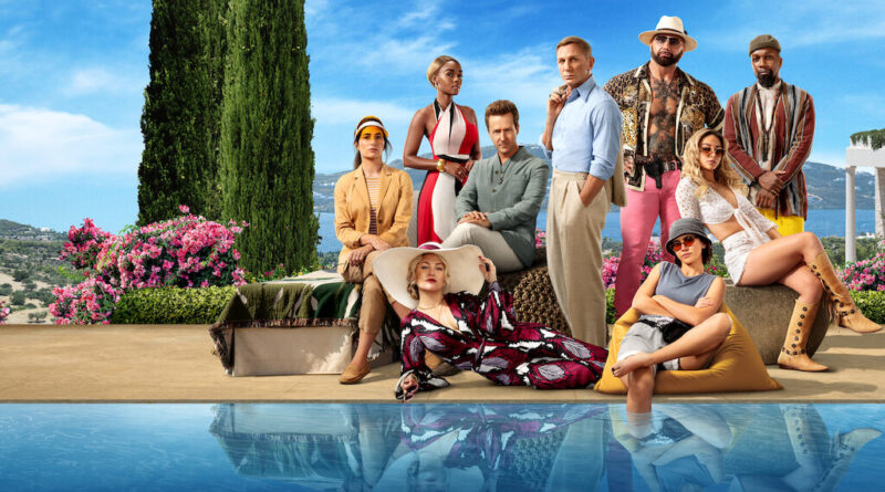 Glass Onion art featuring all of the characters sitting outside near a pool