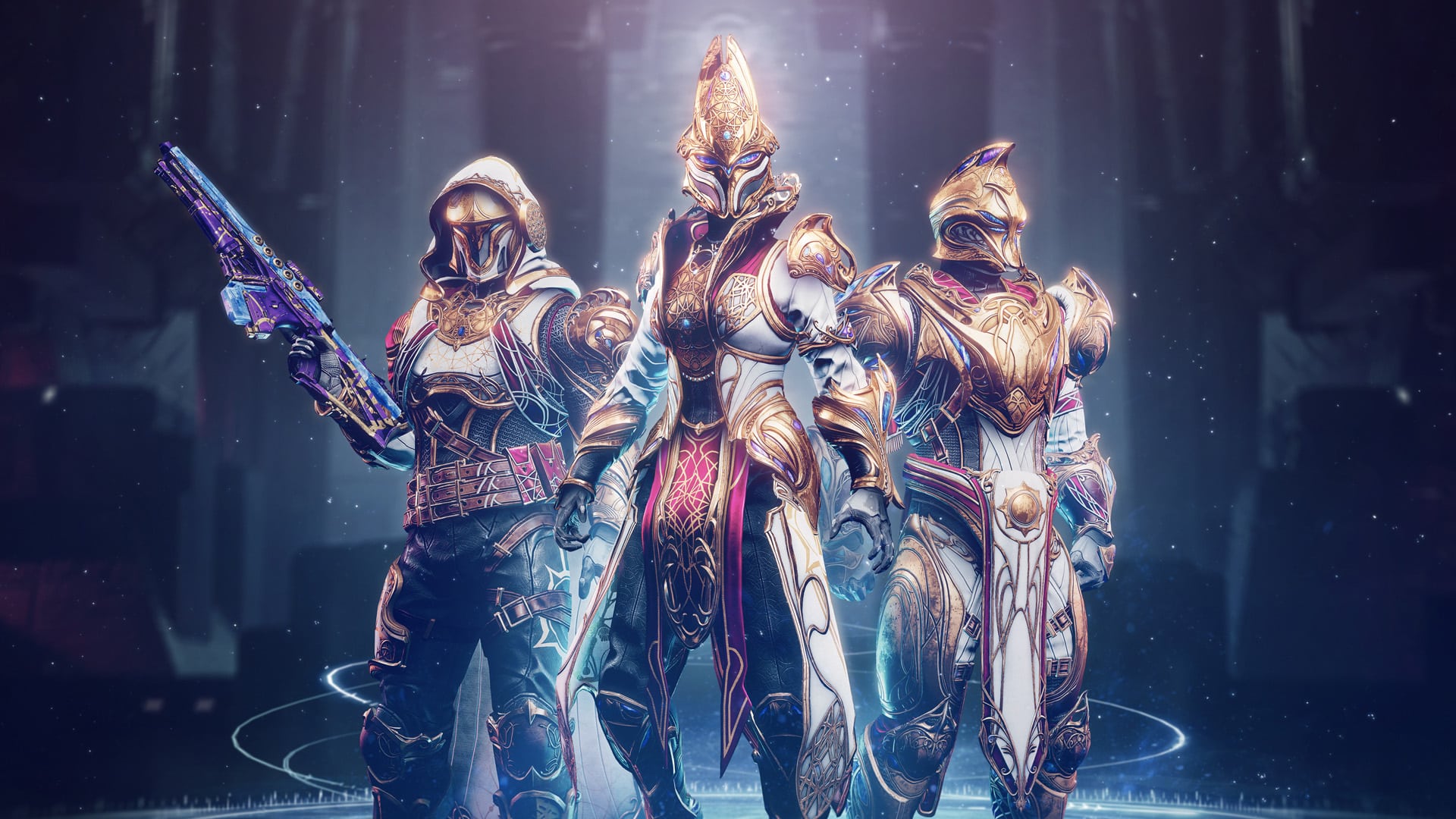 Destiny 2: Lightfall screenshot of Guardians in a new golden armor skin