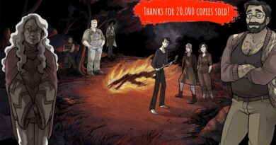 Scarlet Hollow 20000 copies sold celebration graphic featuring several npcs