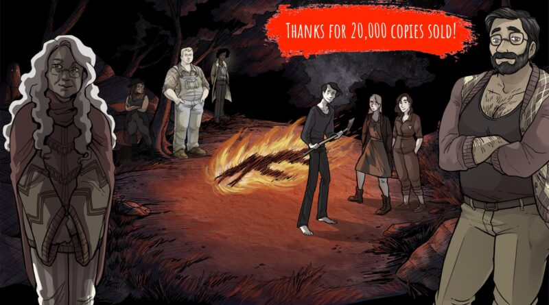 Scarlet Hollow 20000 copies sold celebration graphic featuring several npcs