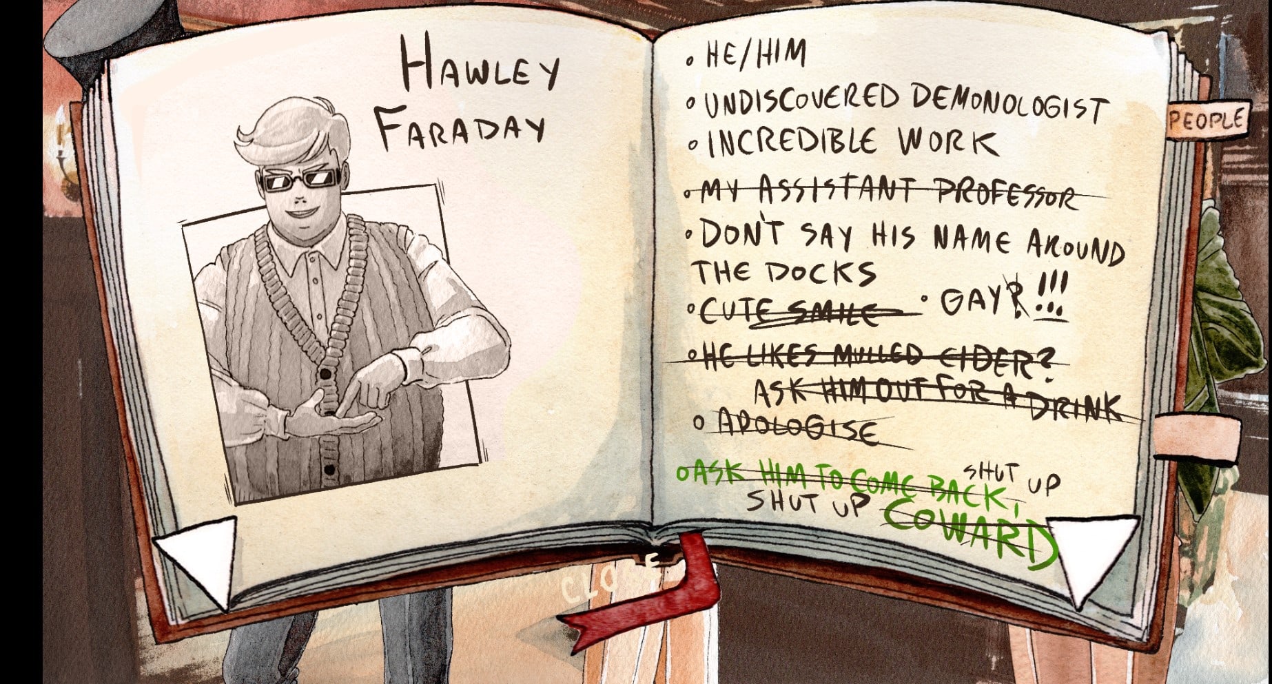 Screenshot of the in-game notebook that has notes about Hawley Faraday indicating that he's gay, a sailor, and has probably dated Harry in the past.