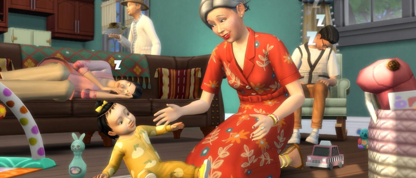 The Sims 4 Growing Together screenshot featuring a grandma and a baby