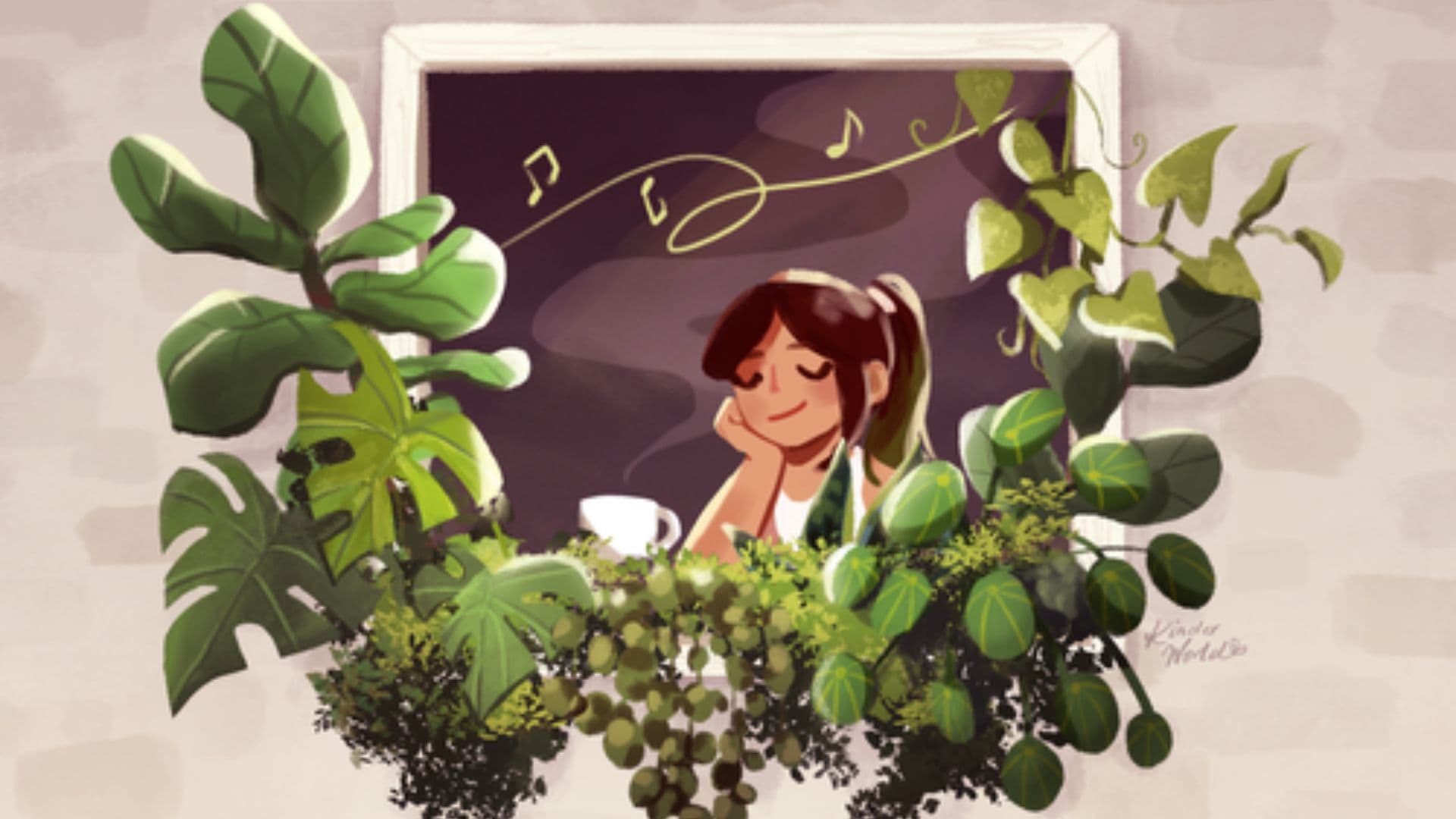 Kinder World art of a girl relaxing next to a window with a plant growing out of it, drinking coffee and listening to music