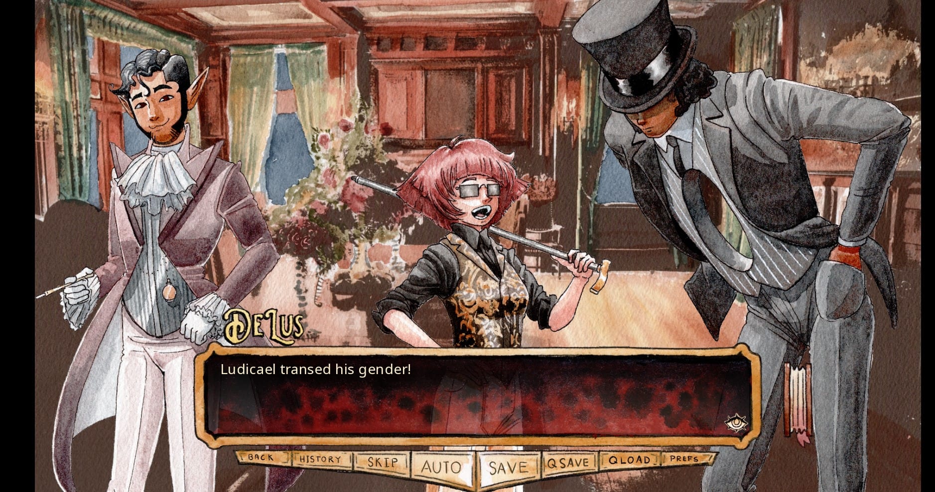 Screenshot from The Case of the Serialized Killer of the blind woman DeLus saying "Ludicael transed his gender!"