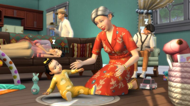 The Sims 4 Growing Together screenshot featuring a grandma and a baby