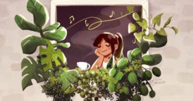 Kinder World art of a girl relaxing next to a window with a plant growing out of it, drinking coffee and listening to music