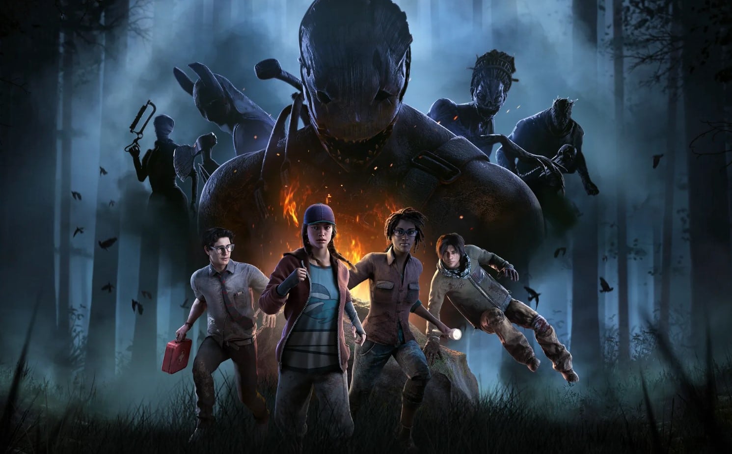 Dead by Daylight movie graphic with survivors in the foreground and killers silhouetted behind them