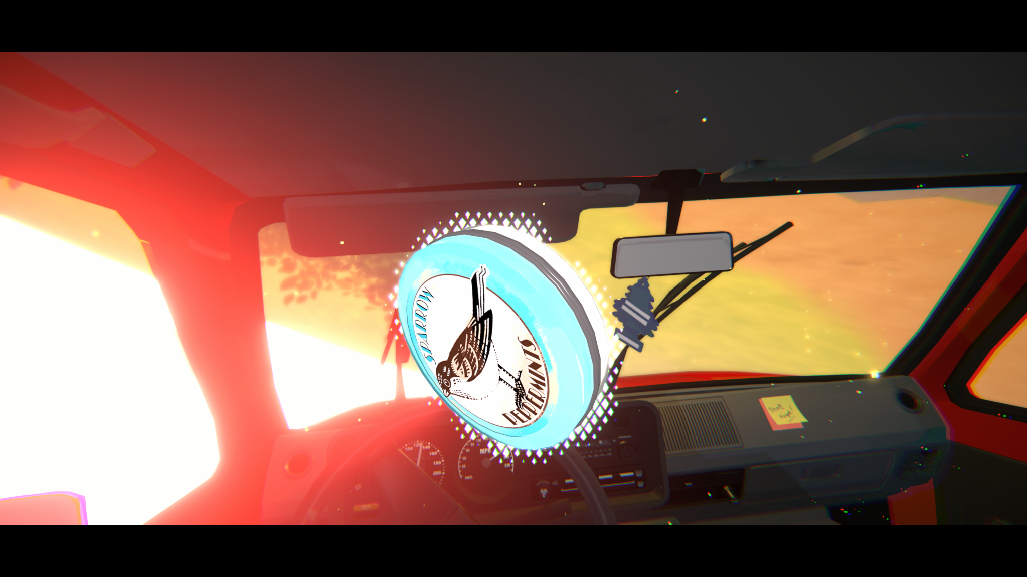Screenshot from The Wreck of a tin of mints with a bird on it flying through the air in the crashing car