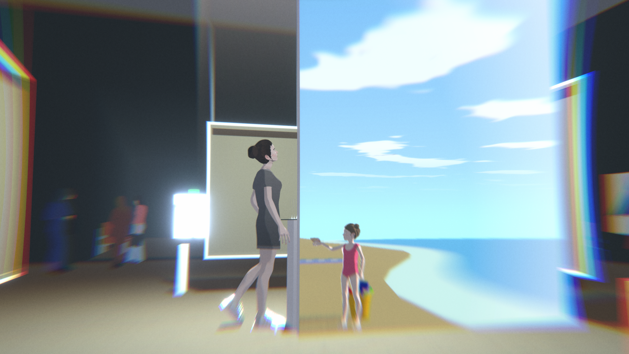 Screenshot of an art exhibit memory where Junon is looking at Astrid