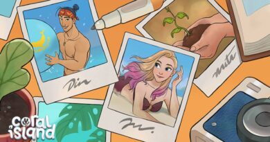 Coral Island Spring update art of polaroids of characters from the game