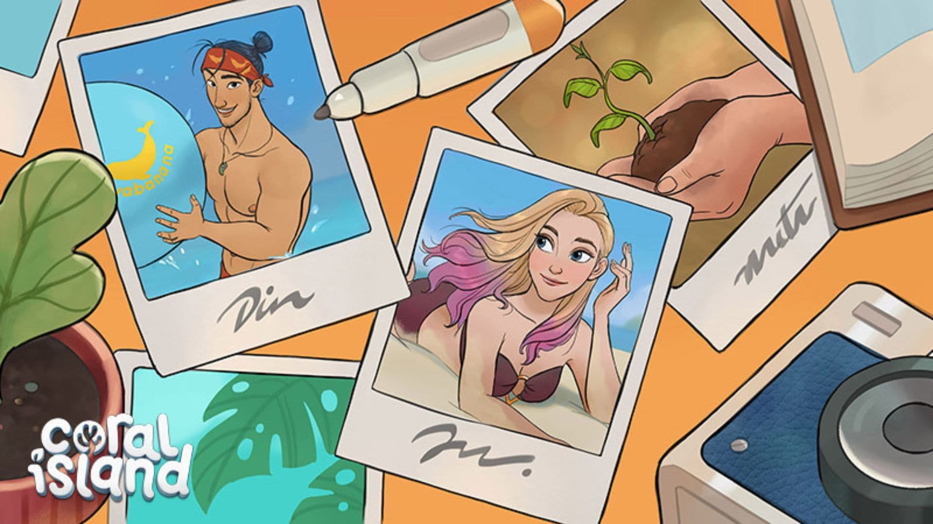 Coral Island Spring update art of polaroids of characters from the game