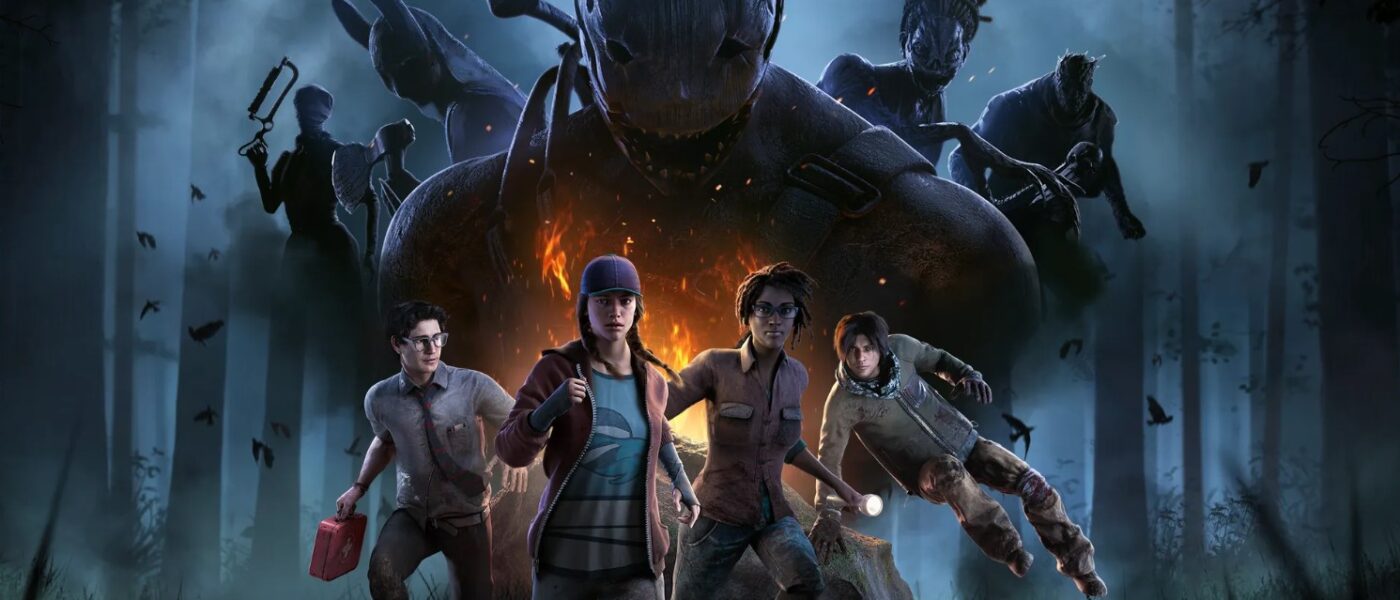 Dead by Daylight movie graphic with survivors in the foreground and killers silhouetted behind them