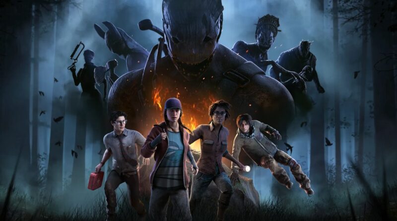 Dead by Daylight movie graphic with survivors in the foreground and killers silhouetted behind them