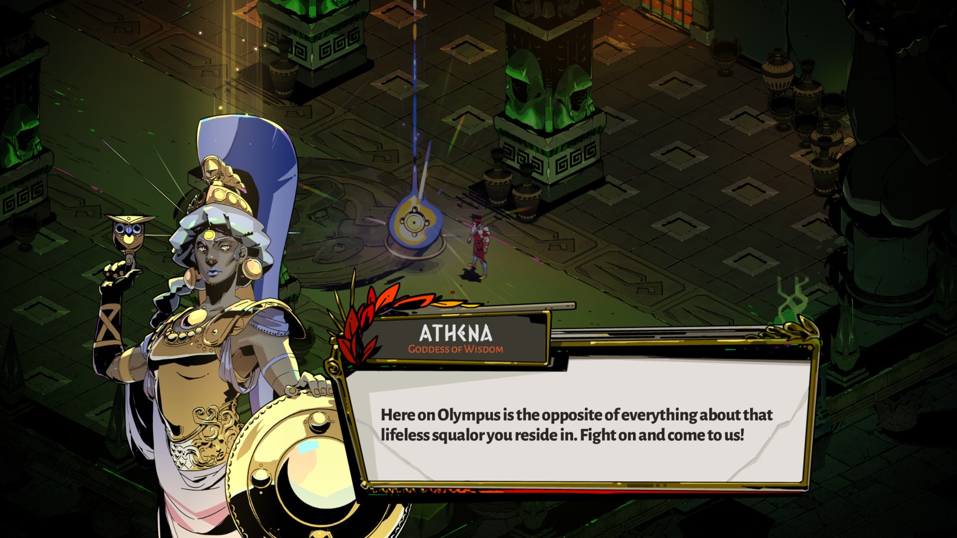 Screenshot of Athena from Hades, who Marin M. Miller voices, saying "here on olympus is the opposite of everything about that lifeless squalor you reside in. Fight on and come to us!"