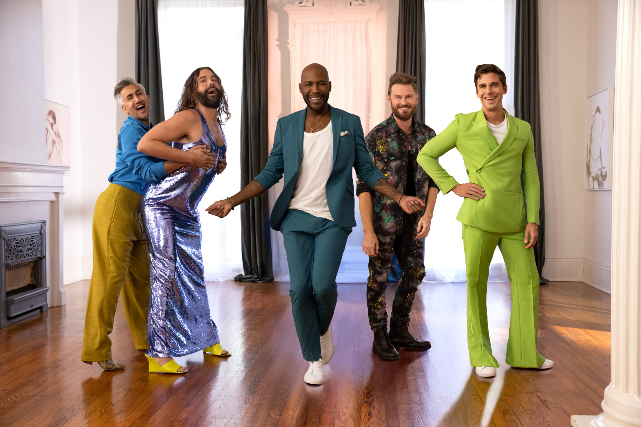 Queer Eye Season 7 first look photo; from left to right: Tan France, Jonathan Van Ness, Karamo Brown, Bobby Berk, and Antoni Porowski