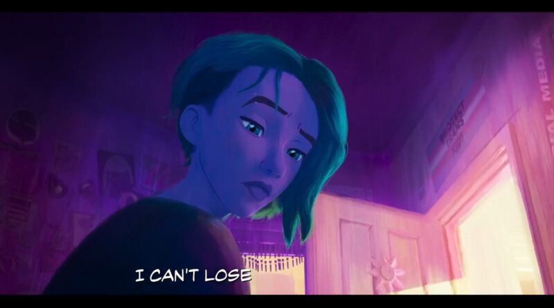 A screenshot from the Spider-Man Across the Spider-Verse trailer showing Gwen in a room with a "protect trans kids" sign on the wall