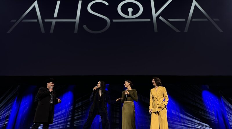 Photo of the cast of Star Wars: Ahsoka standing on stage at Star Wars Celebration 2023