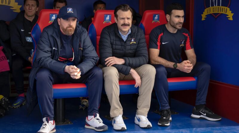 Ted Lasso S3E5 cover photo of coaches Beard (left), Lasso (middle), and Kent (right)