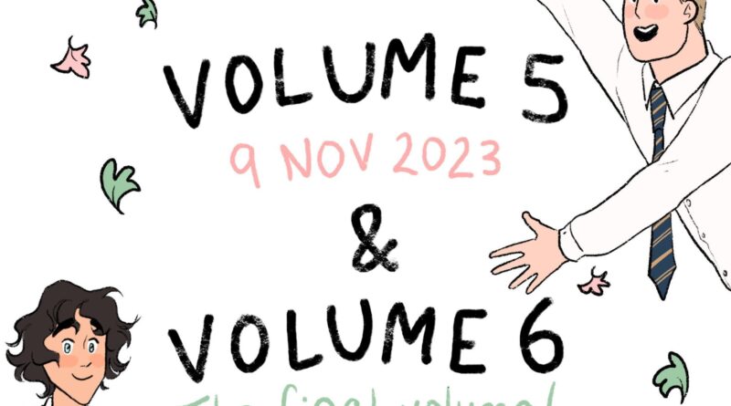 Heartstopper volume 5 & 6 announcement graphic featuring Charlie (bottom left) and Nick (top right)