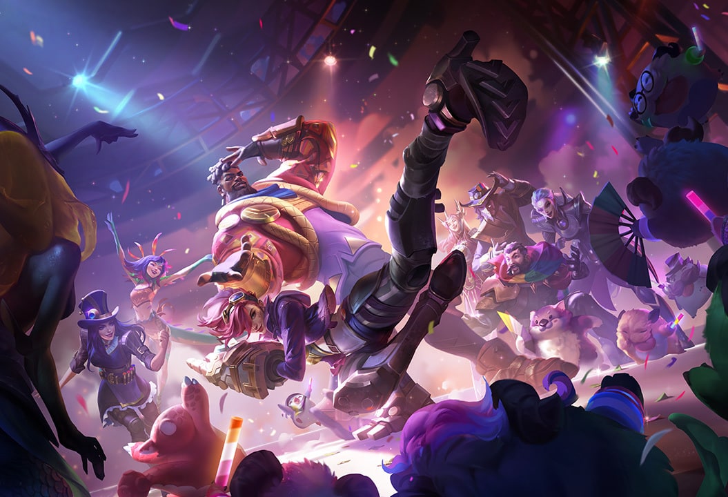 League of Legends 2023 Pride background art featuring a selection of lgbtq champions