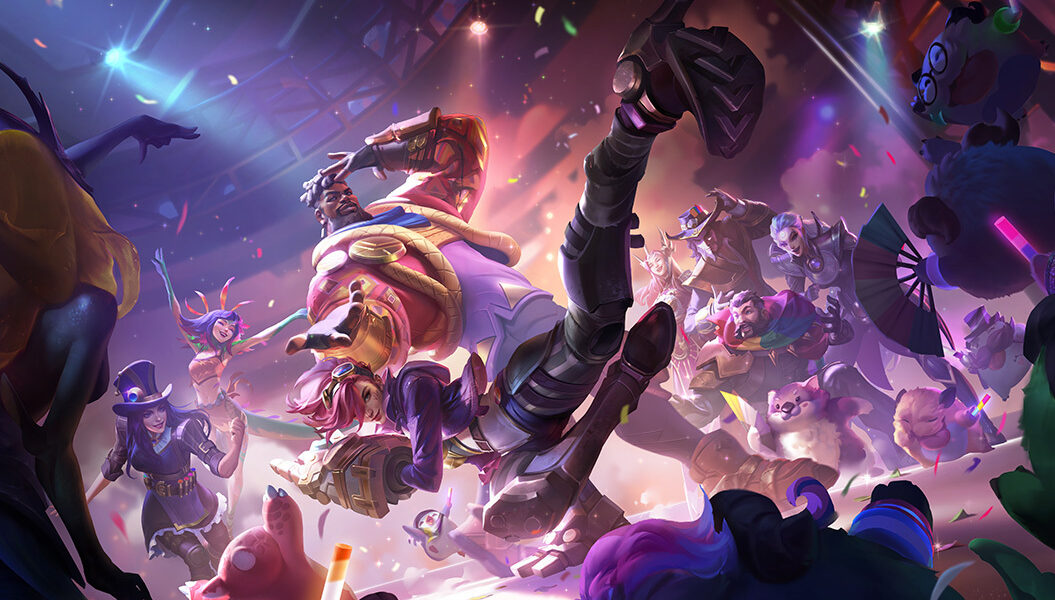 League of Legends 2023 Pride background art featuring a selection of lgbtq champions
