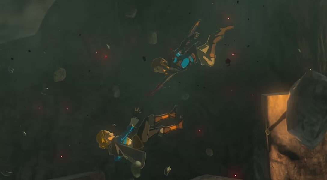 Screenshot from Tears of the Kingdom of Link trying to grab Zelda as they fall