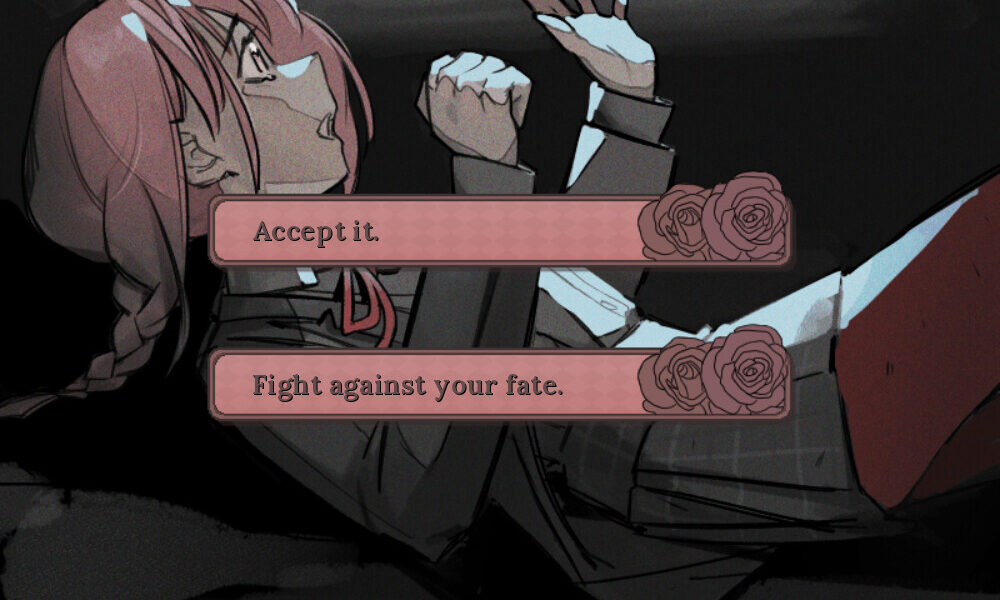 Screenshot of the protagonist from It gets so lonely here with the options to "accept it" or "fight your fate"