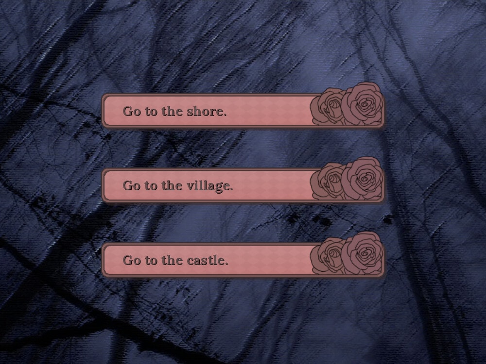 Screenshot from It gets so lonely here of the options to go to the shore, to the village, or to the castle.