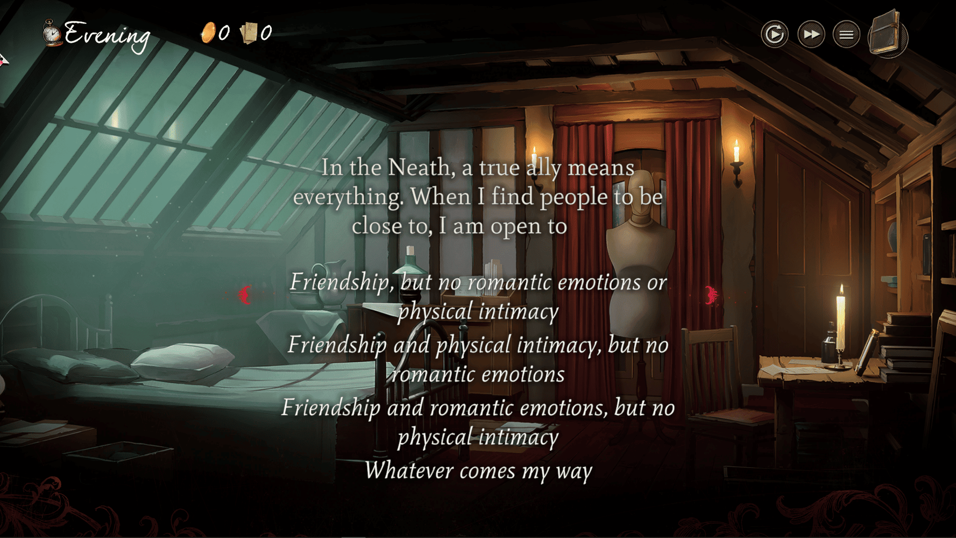 Mask of the Rose screenshot of the screen where players can choose how they feel about relationships
