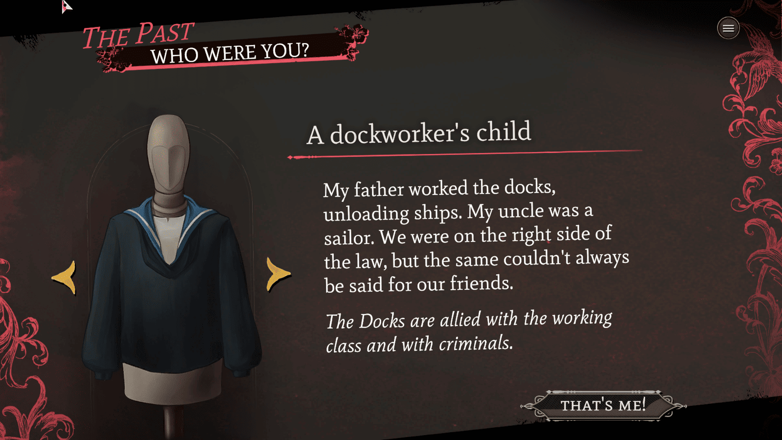 Screenshot of the dockworker's child background option