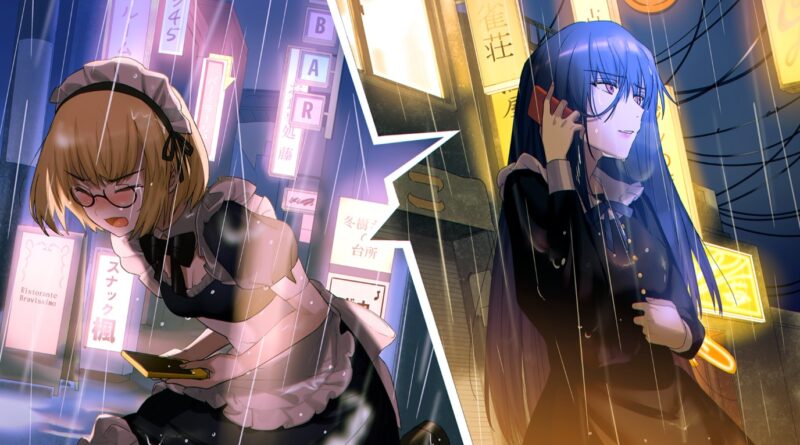 CORPSE FACTORY image of Aoi Sauto in the rain dressed in a maid outfit on the left, and Noriko Kurosawa on the right