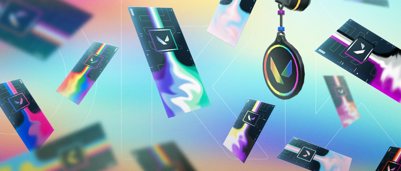 Valorant Pride bundle 2023 graphic of player cards and gun buddies falling