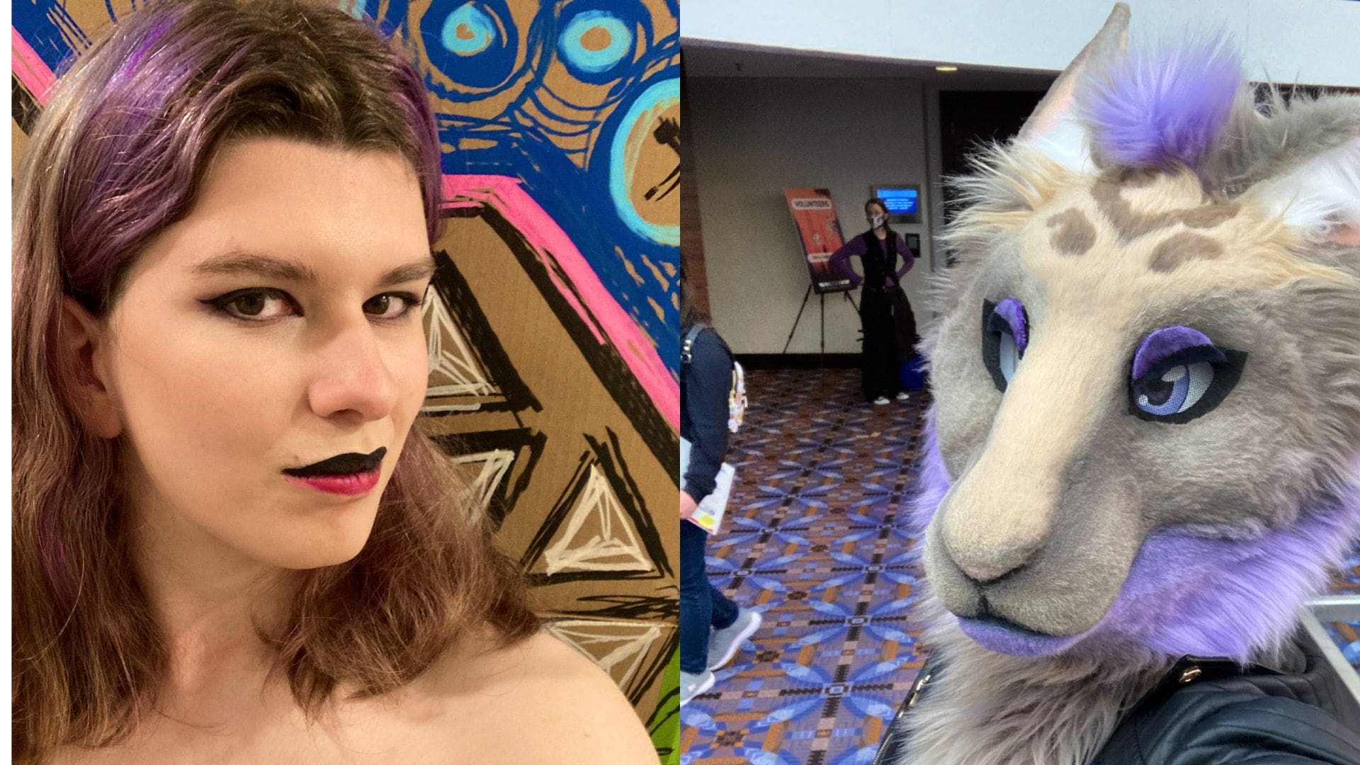 bagel rabbit's face on the right and her gray and purple rabbit fursona suit on the right