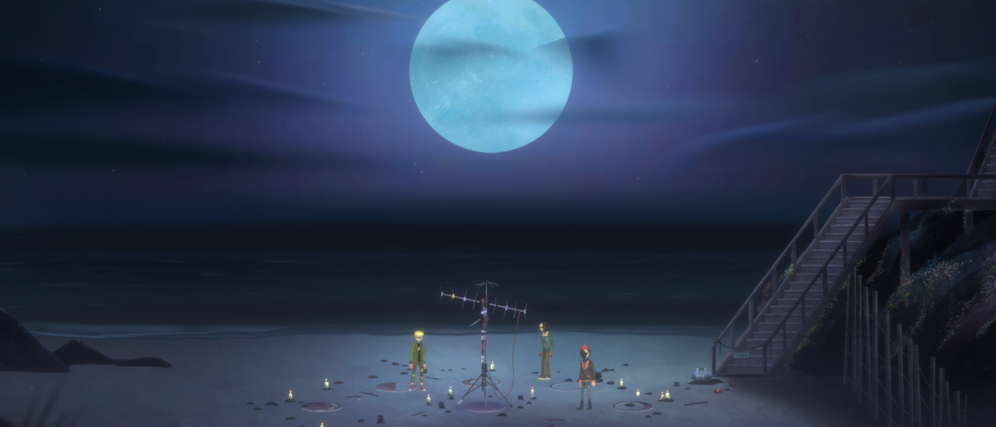 OXENFREE II screenshot of the parentage cult teens on the beach