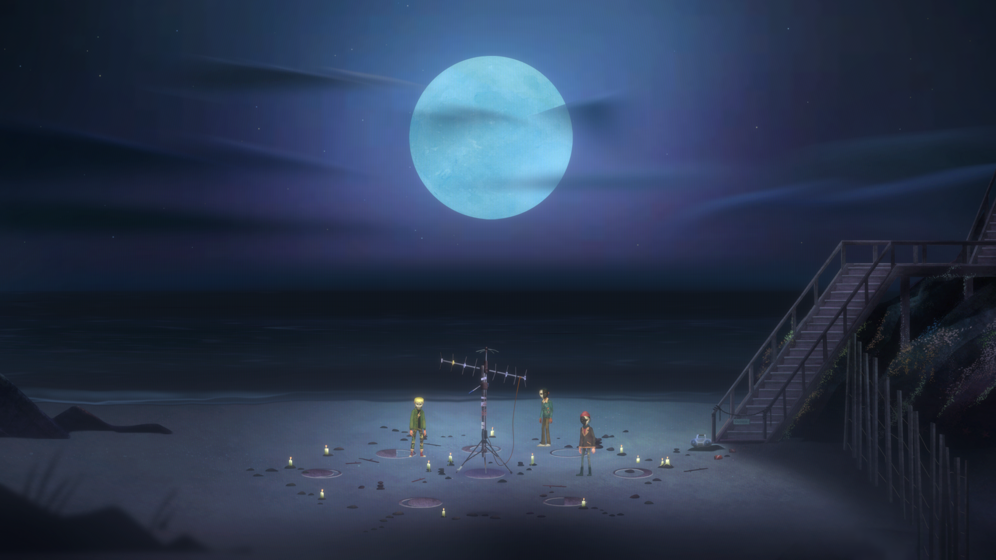 OXENFREE II screenshot of the parentage cult teens on the beach