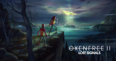OXENFREE II: Lost Signals key art featuring Riley and Jacob on a cliff's edge looking towards Edwards Island