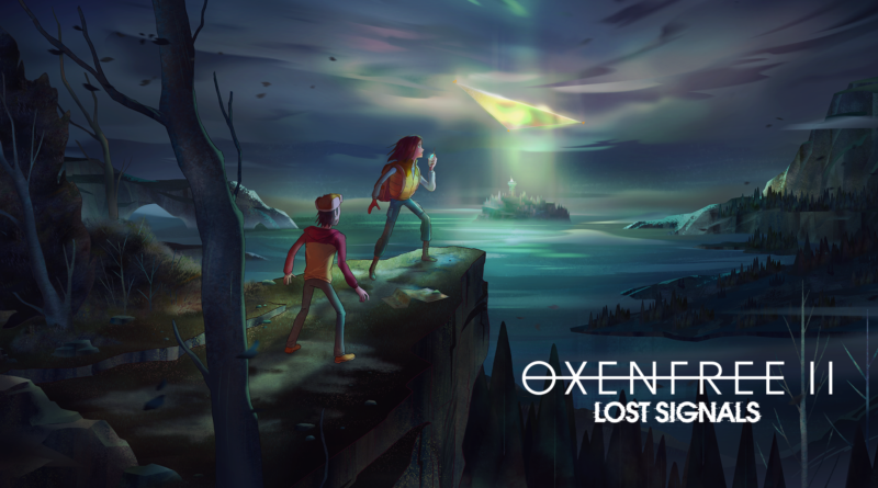 OXENFREE II: Lost Signals key art featuring Riley and Jacob on a cliff's edge looking towards Edwards Island
