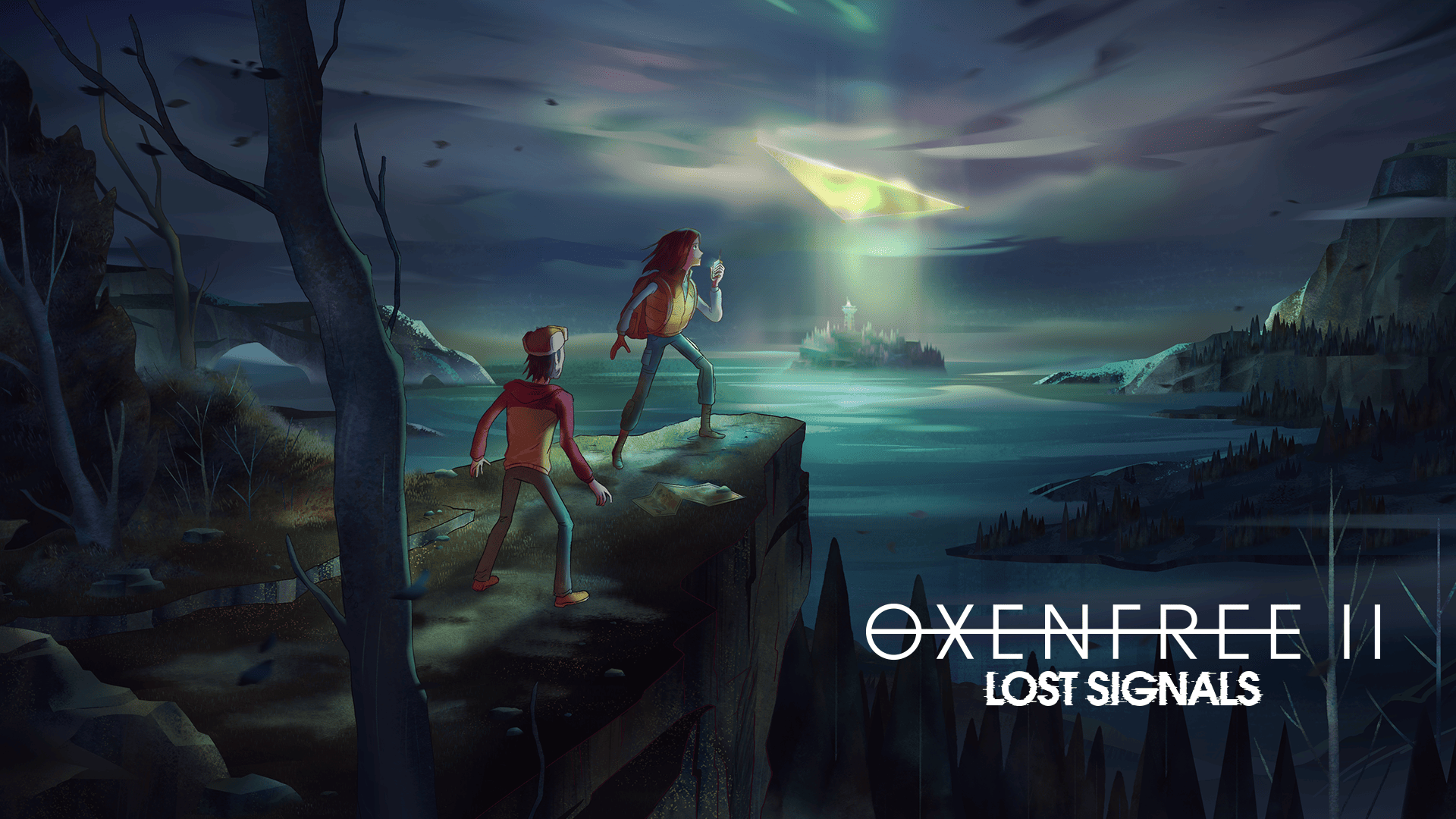 OXENFREE II: Lost Signals key art featuring Riley and Jacob on a cliff's edge looking towards Edwards Island