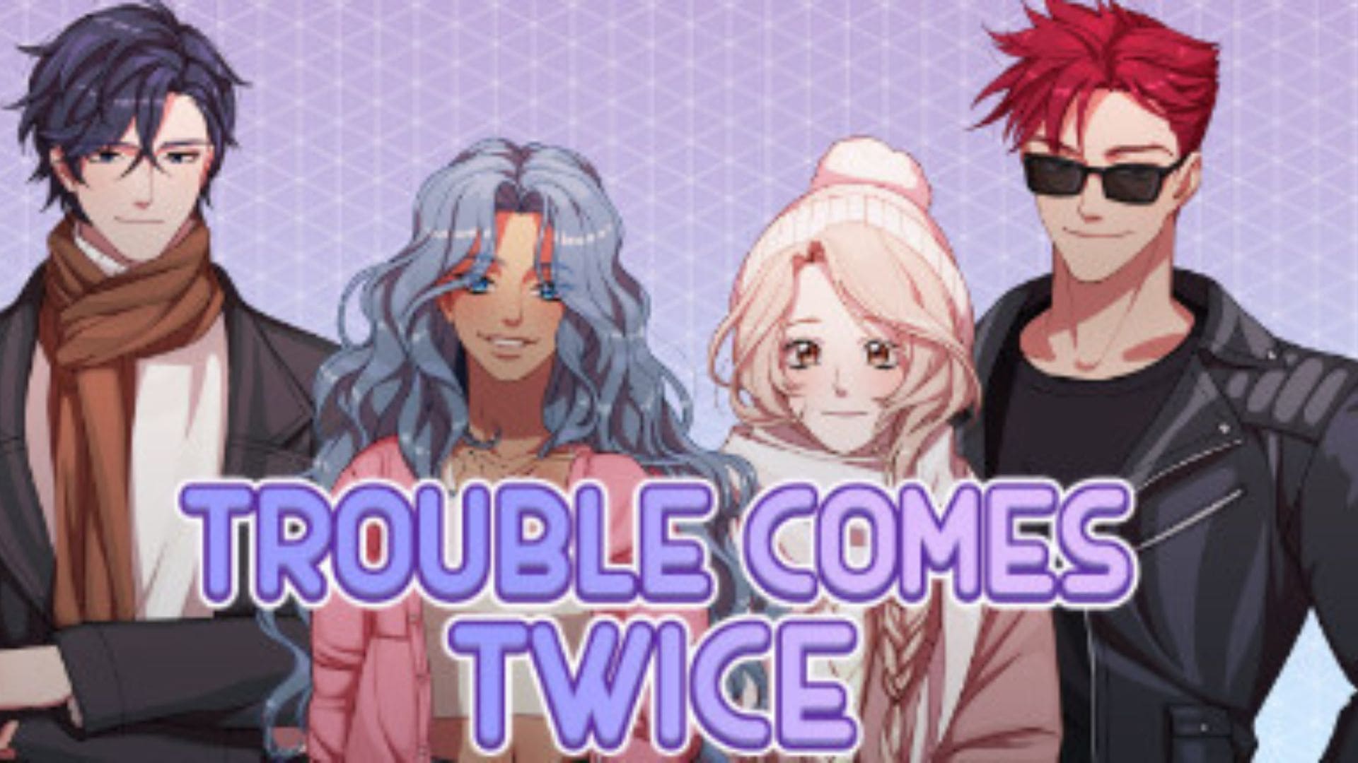 Trouble Comes Twice cover art with the four potential love interests