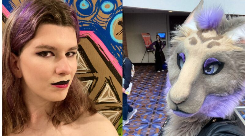 bagel rabbit's face on the right and her gray and purple rabbit fursona suit on the right